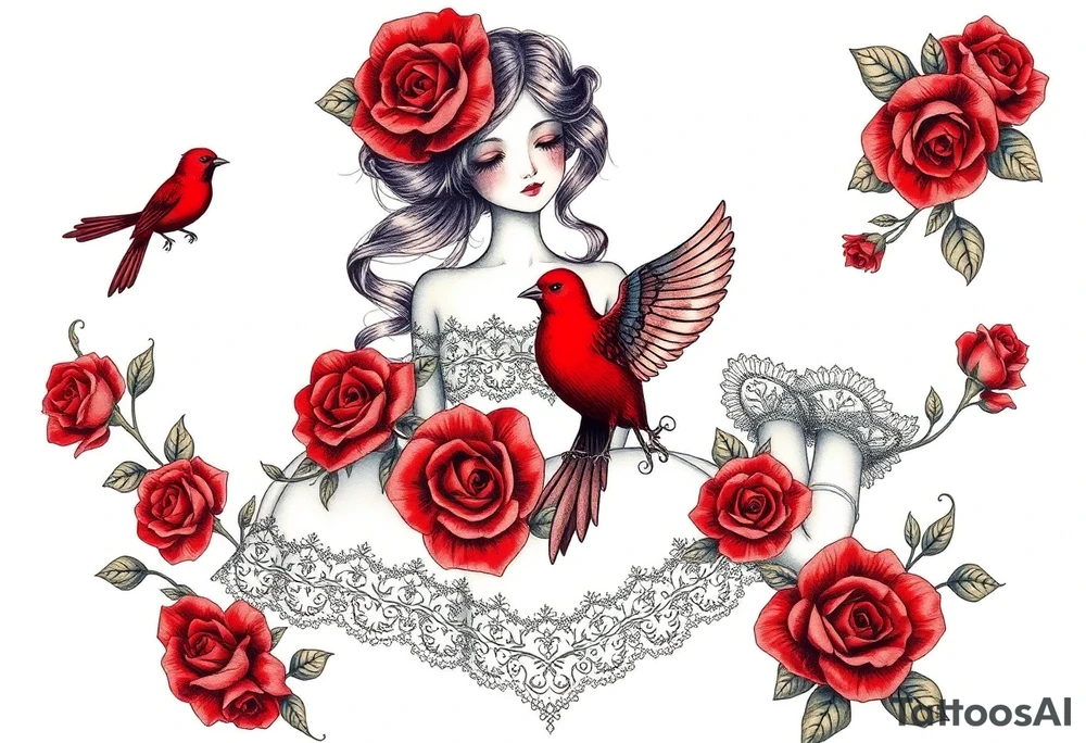 Vintage dollies, red roses, lace, red bird, no people, vintage tattoo idea