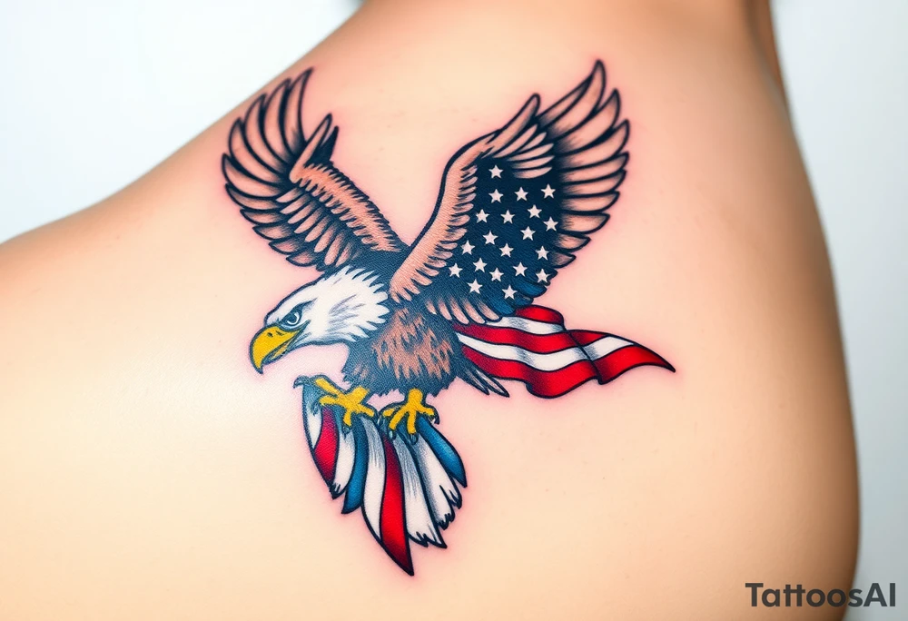 A bold American eagle clutching a tattered US flag in its talons, with vibrant red, white, and blue details tattoo idea