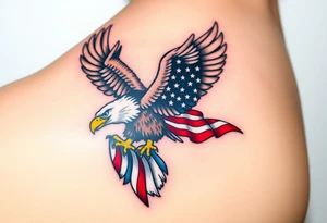 A bold American eagle clutching a tattered US flag in its talons, with vibrant red, white, and blue details tattoo idea