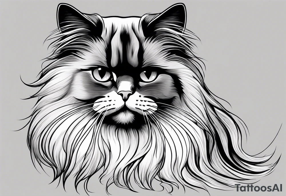 Generate a tattoo design of a long-haired Persian cat with soft, flowing lines, highlighting its luxurious fur in a minimalist style. tattoo idea