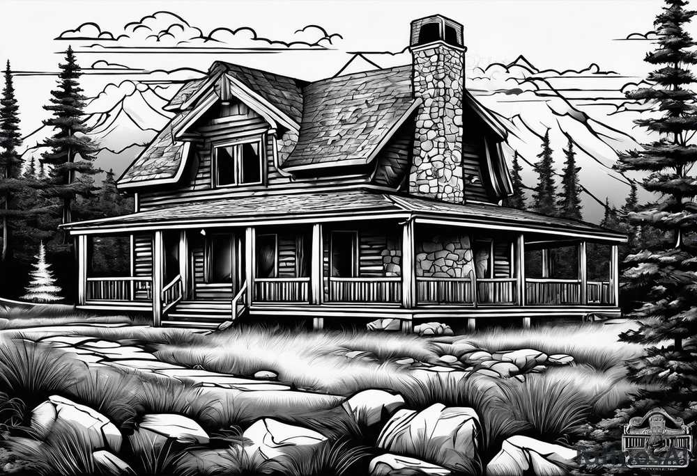 cabin chimney smoke says "Hutting Est. 2004" friends sunset tattoo idea