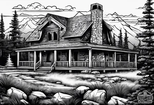 cabin chimney smoke says "Hutting Est. 2004" friends sunset tattoo idea