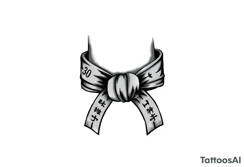 A realistic black and gray tattoo of a Brazilian Jiu-Jitsu black belt wrapping around the wrist like a bracelet. The belt is tied in a knot with one end showing the number 30 and the other showing 24. On the flat end of the belt, two Japanese kanji characters are inked in white: 成長 (growth) and 忍耐 (perseverance). The belt has subtle stitch marks and worn, textured shading for a slightly distressed, authentic look. tattoo idea