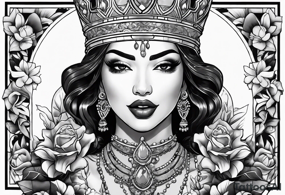 Latina Queen ahegao, tongue out drooling, happy, whitespace hentai tattoo idea