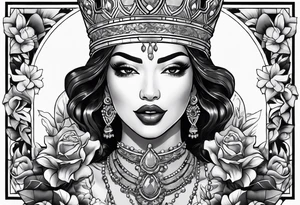 Latina Queen ahegao, tongue out drooling, happy, whitespace hentai tattoo idea