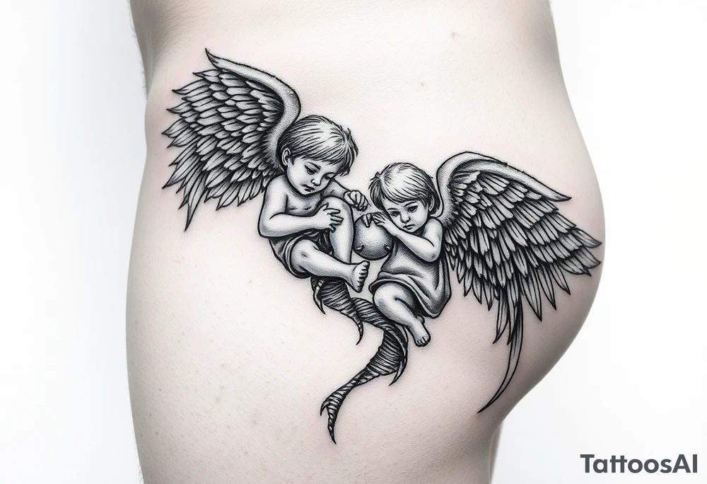 Tatoo down side to thigh, something with angels and kids tattoo idea