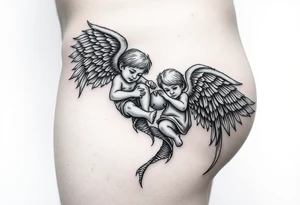 Tatoo down side to thigh, something with angels and kids tattoo idea