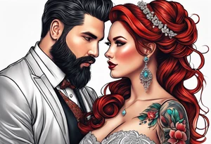 Busty red haired woman and a bearded man with black hair getting married tattoo idea