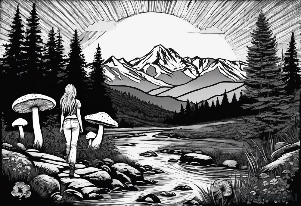 Straight long blonde hair hippie girl in distance holding mushrooms in hand facing away toward mountains and creek surrounded by mushrooms tee shirt and hiking pants; whole rendering within a full circle, no cut off circle tattoo idea