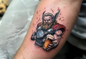 Fat Thor from Endgame holding a beer and Stormbreaker, with sparks of lightning around him in a humorous yet detailed tattoo design. tattoo idea