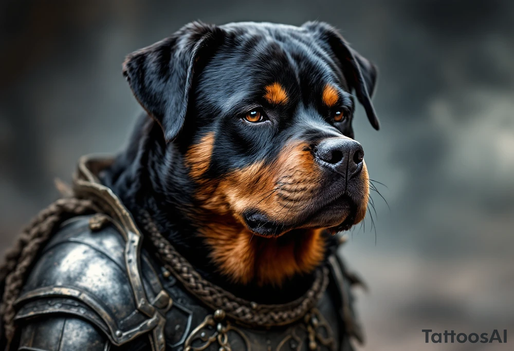 Warrior Rottweiler with Armor – A battle-ready Rottweiler wearing medieval-style armor with silver and bronze tones, set against a stormy background. tattoo idea
