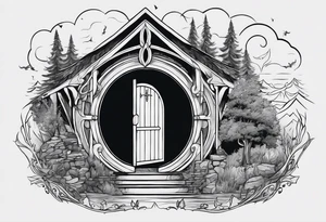 Lord of the rings and Harry Potter movie mashup. Small and simple. Hobbit door hole, wands, elvish writing, deathly hallows tattoo idea