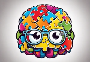 anthropomorphic brain wearing glasses, made of puzzle pieces tattoo idea