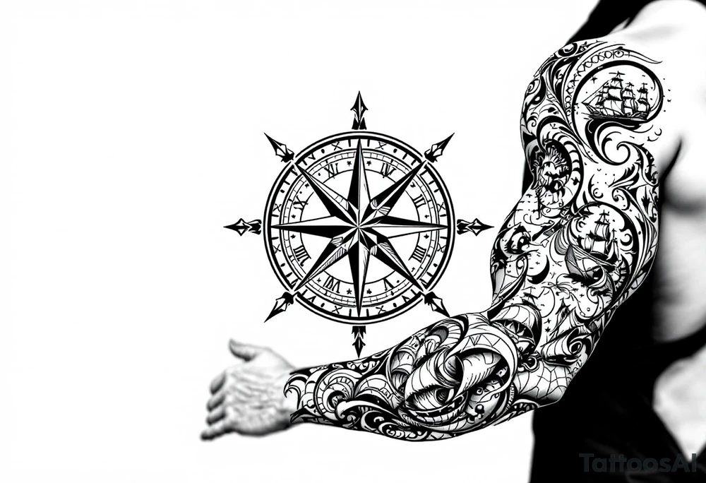 antique compass rose overlaid on weathered world map with sailing ships tattoo idea