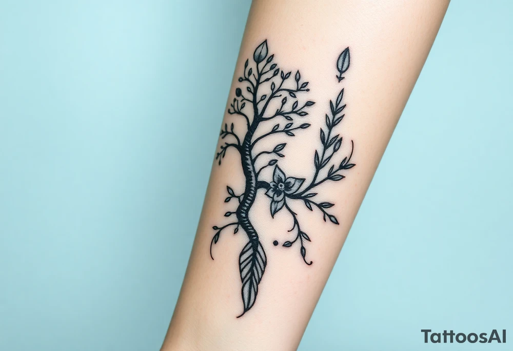 Nature tattoo mixing symbols of italy, Ireland, wales, and london in a linear, narrow for forearm tattoo with small pops of color

Too minimalist. Mix some realistic 

No far off. More realistic with some fantasy... celtic knotting...tree of life, poppy silhouette, laurel, olive branches, daffodils maybe for the four countries..  and othe nature symbols tattoo idea
