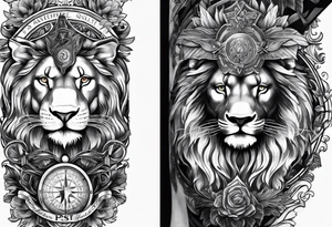 Arm sleeve with PTSD ribbon, compass, cross and lion tattoo idea