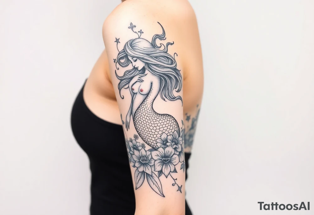 ethereal mermaid with flowing hair among coral and sea flowers tattoo idea