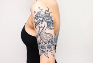 ethereal mermaid with flowing hair among coral and sea flowers tattoo idea