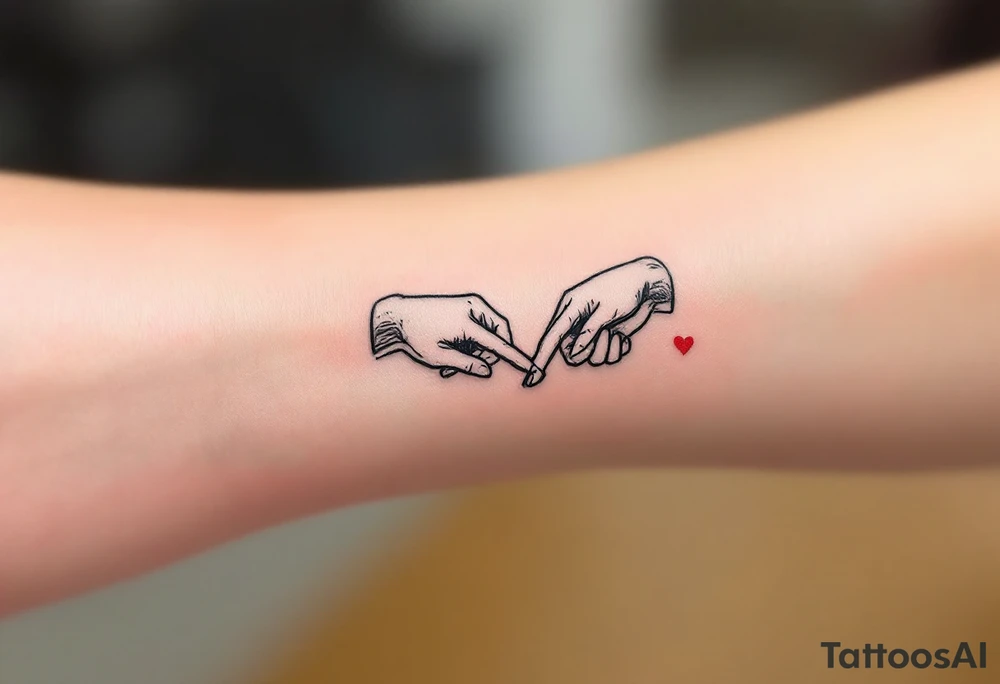 Thin black line tattoos of two hands making a pinky promise, with a tiny red heart between them.
Placement: Side of the index finger or wrist. tattoo idea