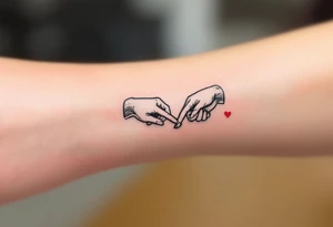 Thin black line tattoos of two hands making a pinky promise, with a tiny red heart between them.
Placement: Side of the index finger or wrist. tattoo idea