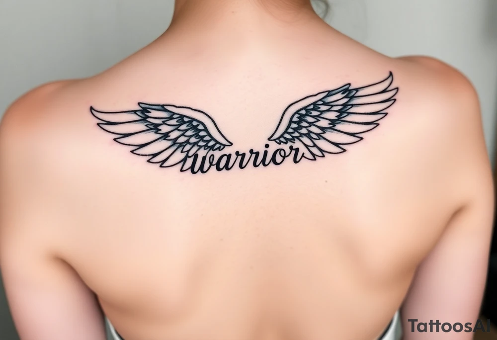 beautiful single angel wing with word "Warrior" tattoo idea