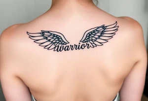 beautiful single angel wing with word "Warrior" tattoo idea