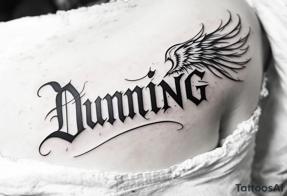 Dunning, details include angel wing, greek type of font,jungle leaves , tiger claw scratch tattoo idea