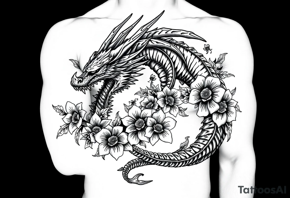 scary dragon with death flowers tattoo idea