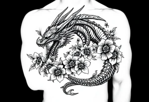 scary dragon with death flowers tattoo idea