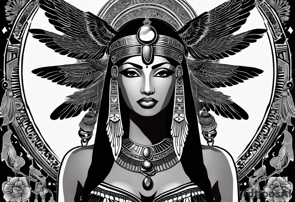black and white Egyptian goddess Isis, who is often depicted as a woman with outstretched wings, holding an ankh (a symbol of life) in one hand and a lotus flower in the other. Her headdress often includes a throne or a solar disk. The tattoo design can vary in style and size, but it typically aims to capture the essence of this revered Egyptian deity, emphasizing her beauty, power, and maternal qualities. The choice of colors and additional elements can also be customized to create a unique and visually striking representation of the goddess Isis tattoo idea
