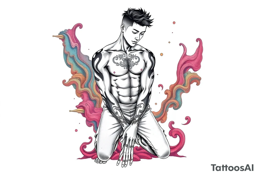 Handsome Asian young guy is standing on his knees tattoo idea