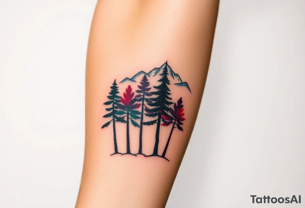 Lower forearm, trees with mountains in background, leaves on the trees are pink, purple, teal, red tattoo idea