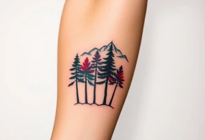 Lower forearm, trees with mountains in background, leaves on the trees are pink, purple, teal, red tattoo idea