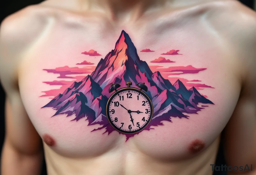 A mountain peak forming the numbers of a clock, bathed in sunrise pinks and purples, representing the climb through life’s challenges. tattoo idea