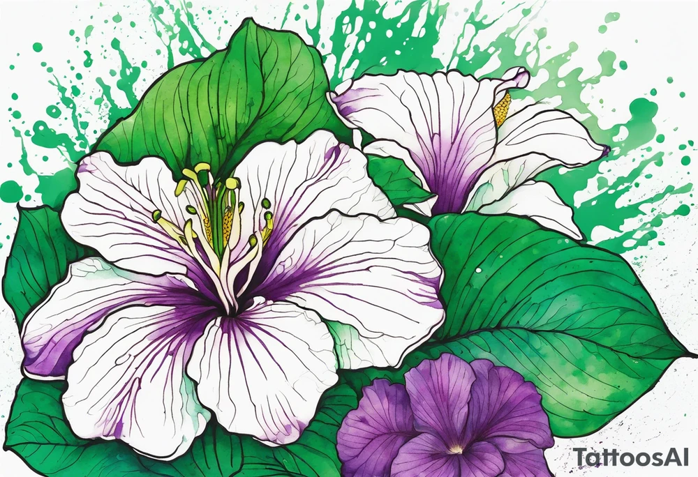 An outline of a green rio dipladenia flower and a green/purple watercolor splash in the background tattoo idea