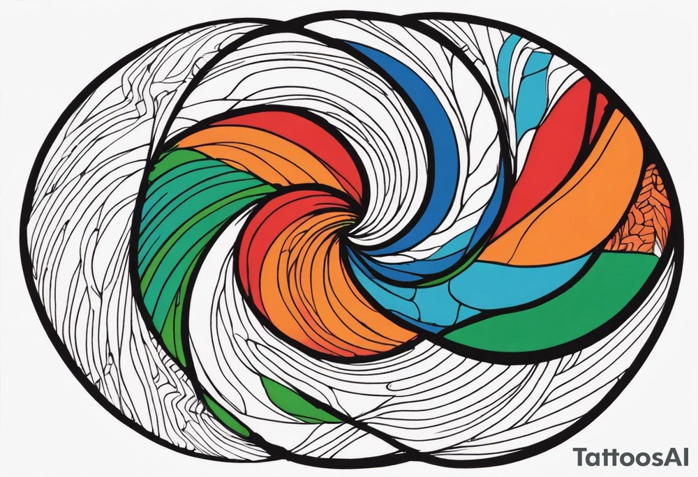 circular swirl of red, blue, orange, and green stripes tattoo idea