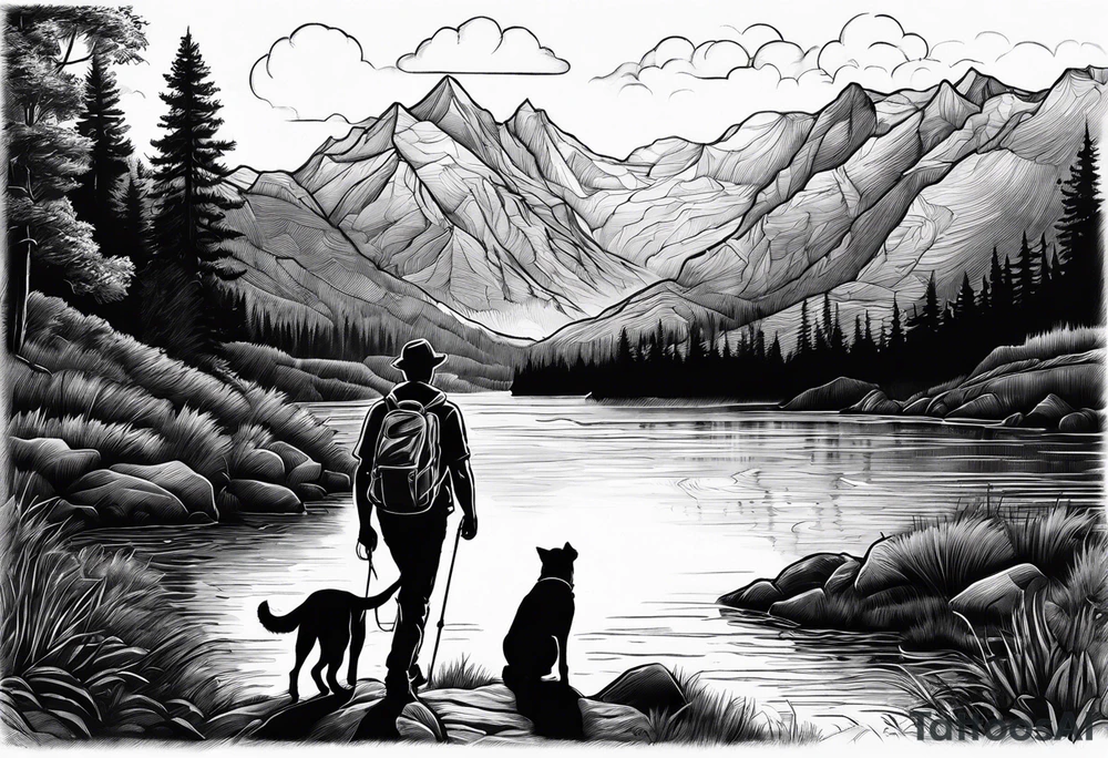 nature, sunset, mountains, a father and son hiking with their dog and cat by the water tattoo idea