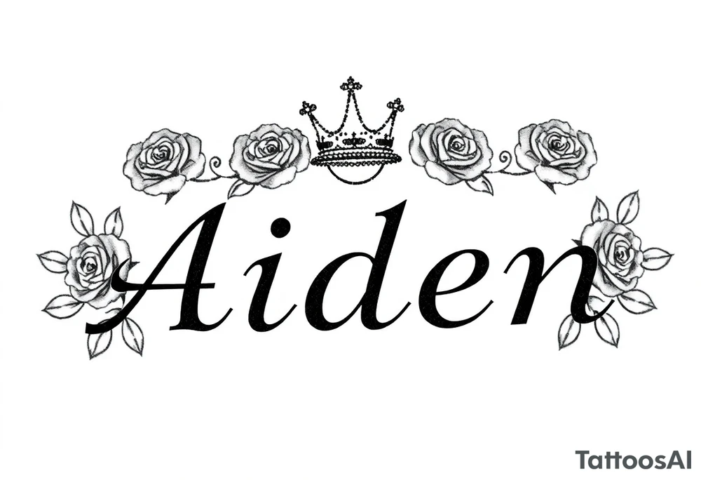 Small size Kings crown roses above the name Aiden tattoo idea