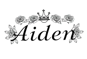 Small size Kings crown roses above the name Aiden tattoo idea