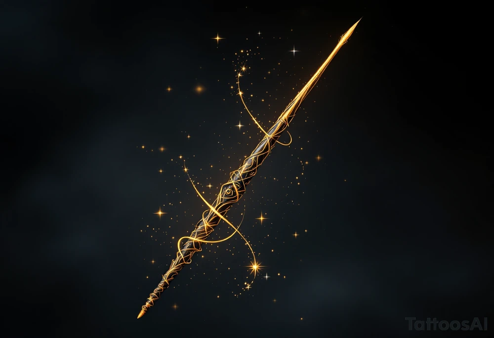 The Elder Wand extended vertically, surrounded by swirling gold and silver sparkles, representing its immense power. The wand’s wood and finish are in deep brown with golden accents, with magic emanating from the tip. tattoo idea