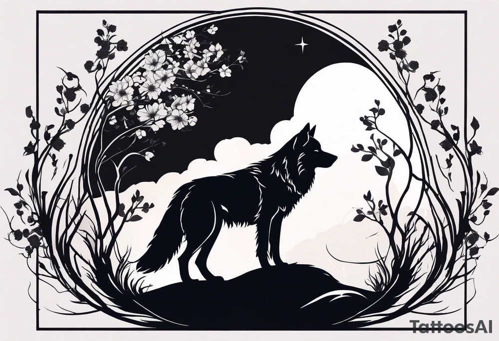 Two curved lines diverge, representing paths. Two wolves. One path is barren. The other path sprouts small leaves. Silhouette of a hunched wolf at the end of the barren path. Silhouette of a standing, open wolf at the end of the flowering path tattoo idea