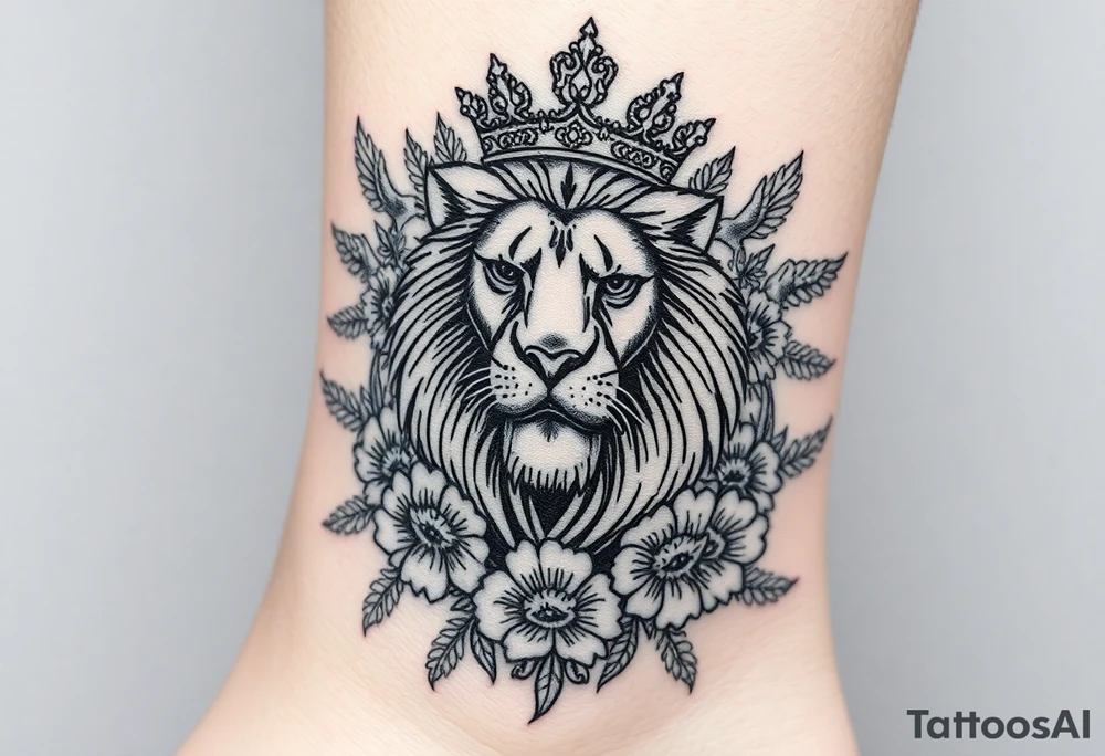 powerful majestic lion with a crown, surrounded by floral ornaments and birds tattoo idea