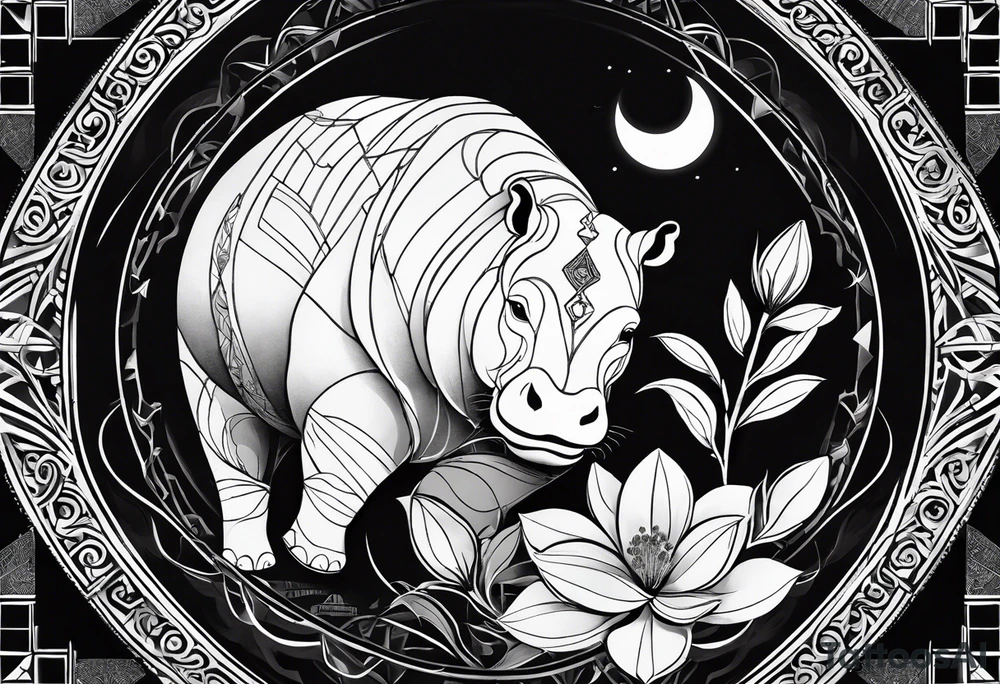 Very asymmetrical, +geometric pattern, with realistic full moon, with seeious looking hippo, +zen feel, + Buddhism touch, +tribal, +geometric
with wintersweet flower bud, +portrait orientation, +inkart touch, tattoo idea