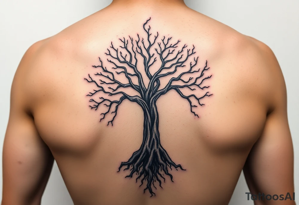 mystical tree of life with cosmic roots and celestial branches tattoo idea