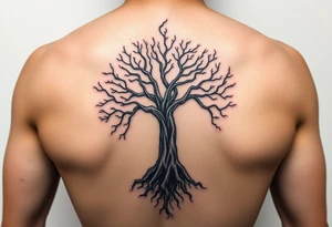 mystical tree of life with cosmic roots and celestial branches tattoo idea