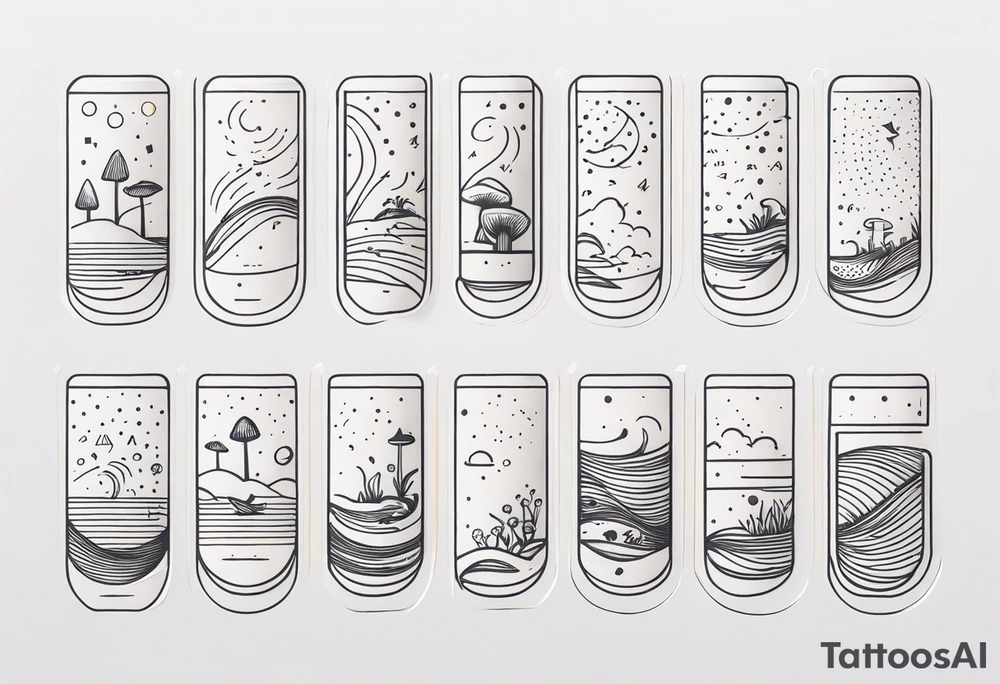 a simple line of icons down the back of the arm. there are four icons: 
1. a music note on a staff
2. a wave of water
3. a pocket
4. mushroom

each icon is half an inch big and they're all separated by small dots. there is a lot of blank space tattoo idea