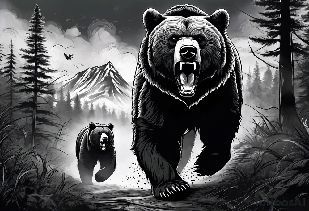 Bear growling. They are in a cloudy forest. With fierce warriors in the background. Make the picture very detailed and smoke in the back creating a trail effect tattoo idea