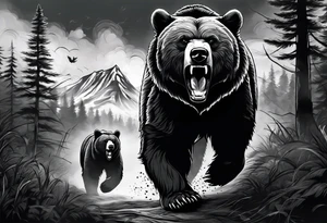 Bear growling. They are in a cloudy forest. With fierce warriors in the background. Make the picture very detailed and smoke in the back creating a trail effect tattoo idea