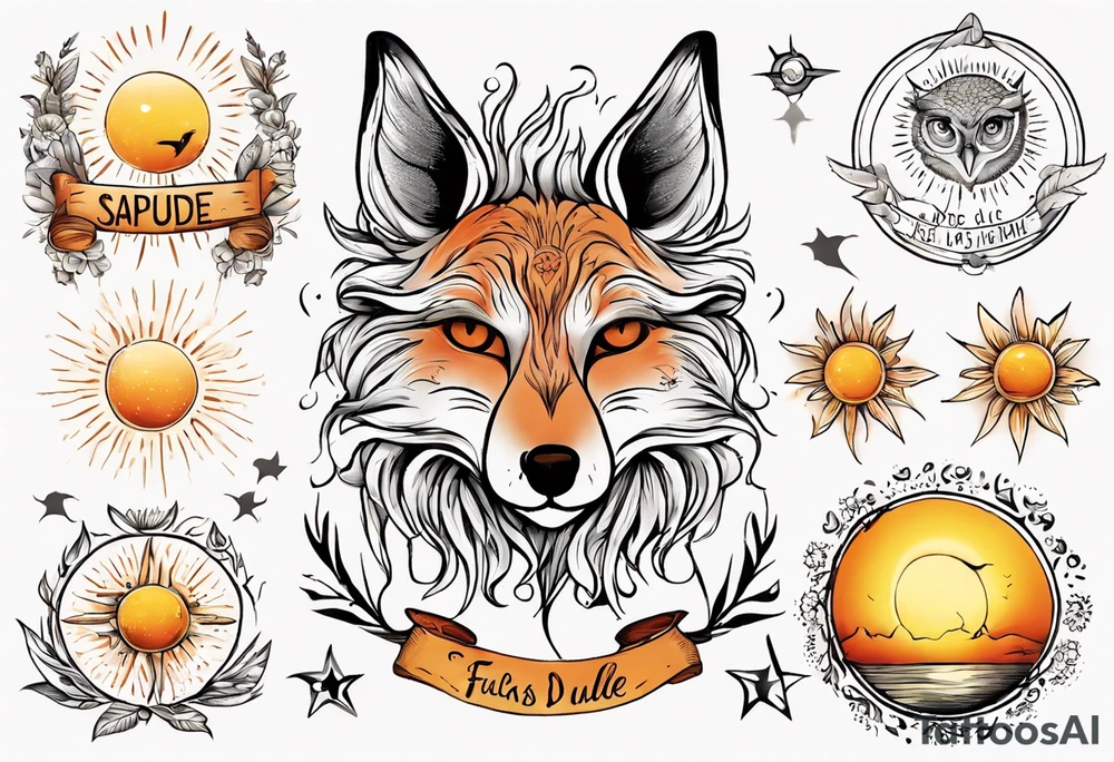 Fuchs und Eule unter der Sonne mit dem Schriftzug Sapere Aude tattoo idea
