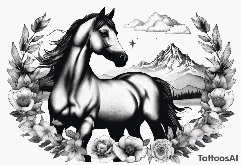 Wild horse, mountain background, feather, flowers, western tattoo idea